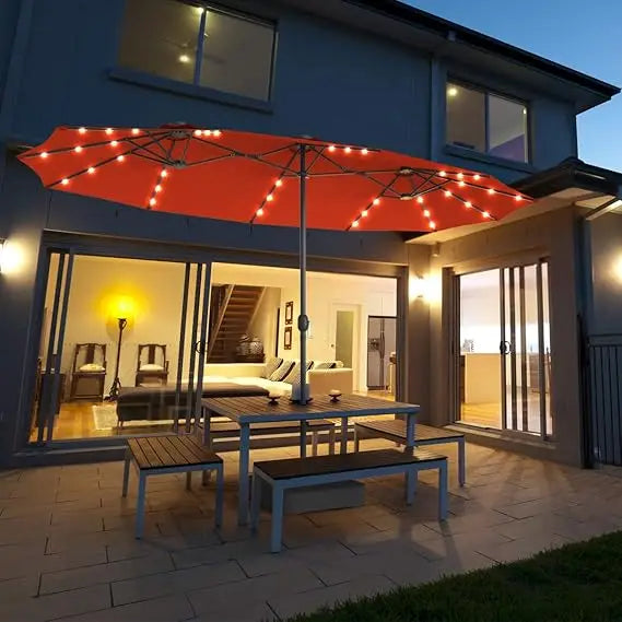 15 Ft Double Sided Patio Umbrella with Solar Lights, Extra Large Rectangle Outdoor Umbrella with 36 LED Lights & Crank Handle f