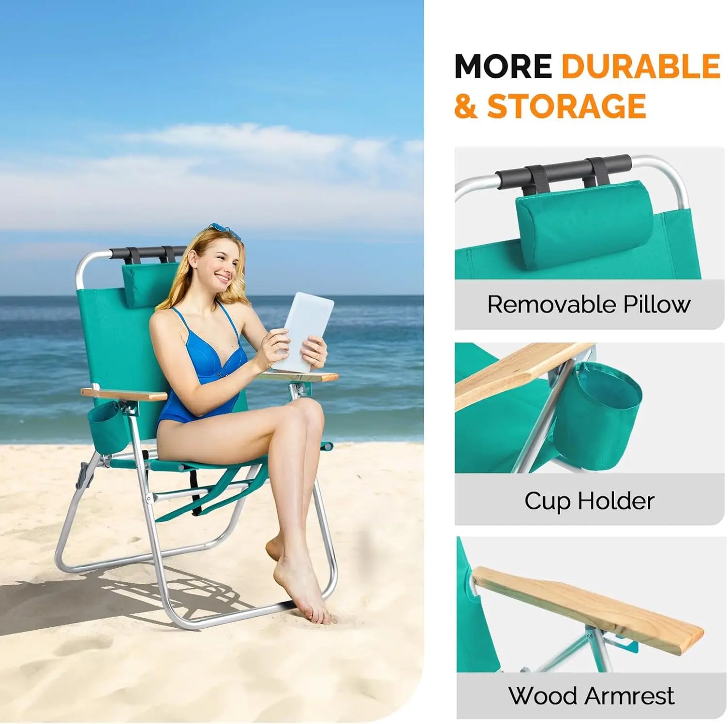 Aluminum Backpack Beach Chair – Tall Beach Chairs for Adults, Portable with Adjustable Straps, 3-Position Reclining, Cup Holder,