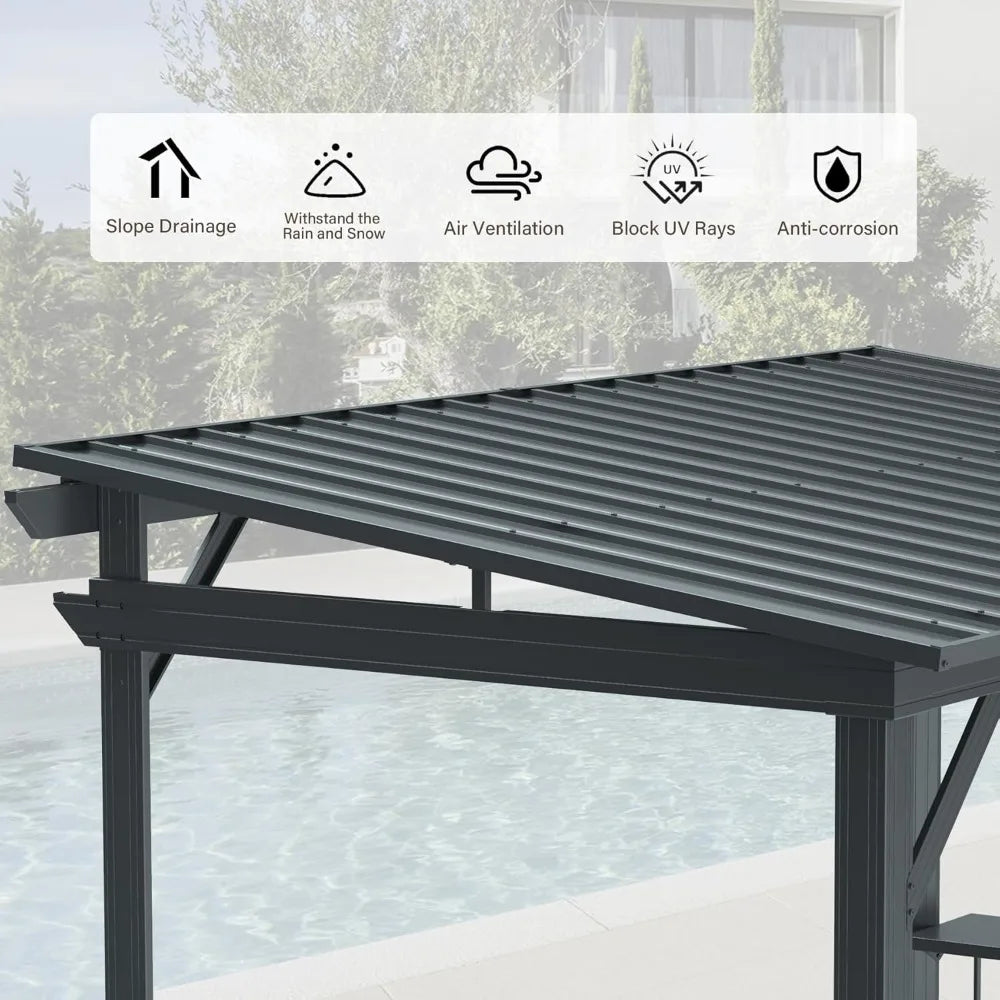 Domi 6.5x12FT Hardtop Grill Gazebo, Outdoor BBQ Gazebo with 2 Side Shelves, Sloping Steel Roof for Permanent Sun Shade with Ceil