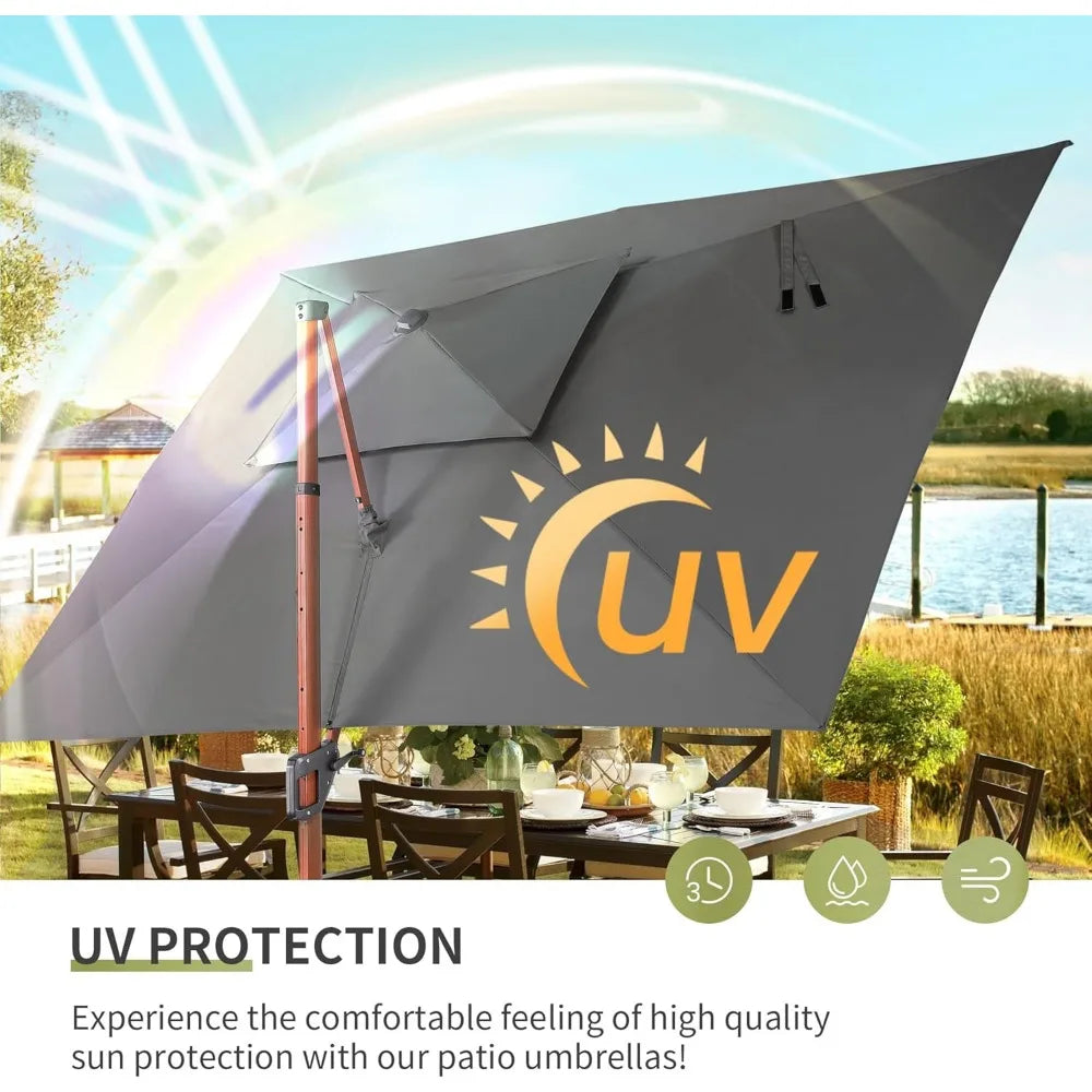 JZAC & QZYD 10 X 13 FT Cantilever Patio Umbrella Outdoor Large Double Top Deluxe Wood Grain Heavy Duty Rectangle Offset Umbrella