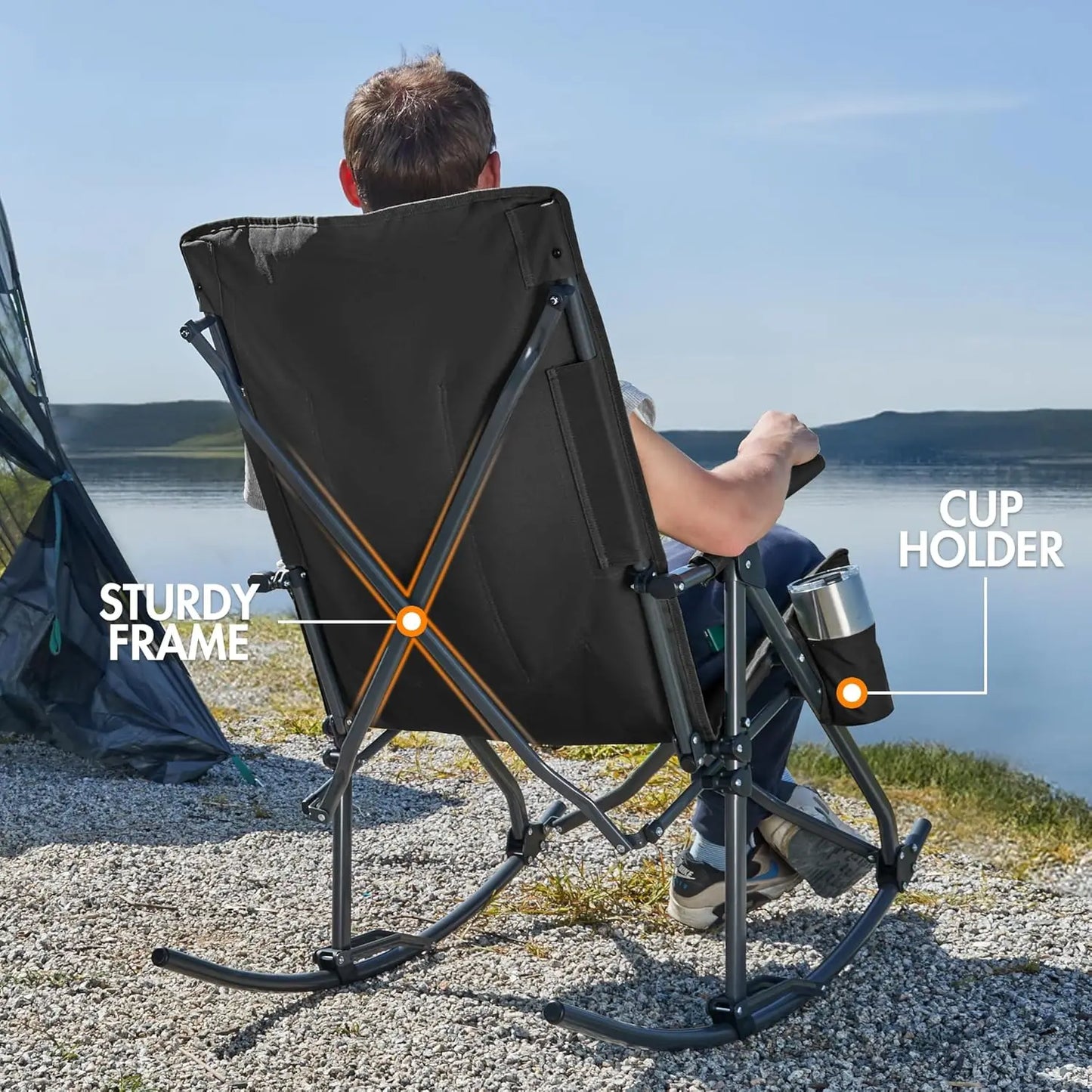 Oversized Folding Rocking Chair. Portable Outdoor Rocker. High Back, Hard Armrests. Carry Bag. Supports 400 lbs. Mesh Back.