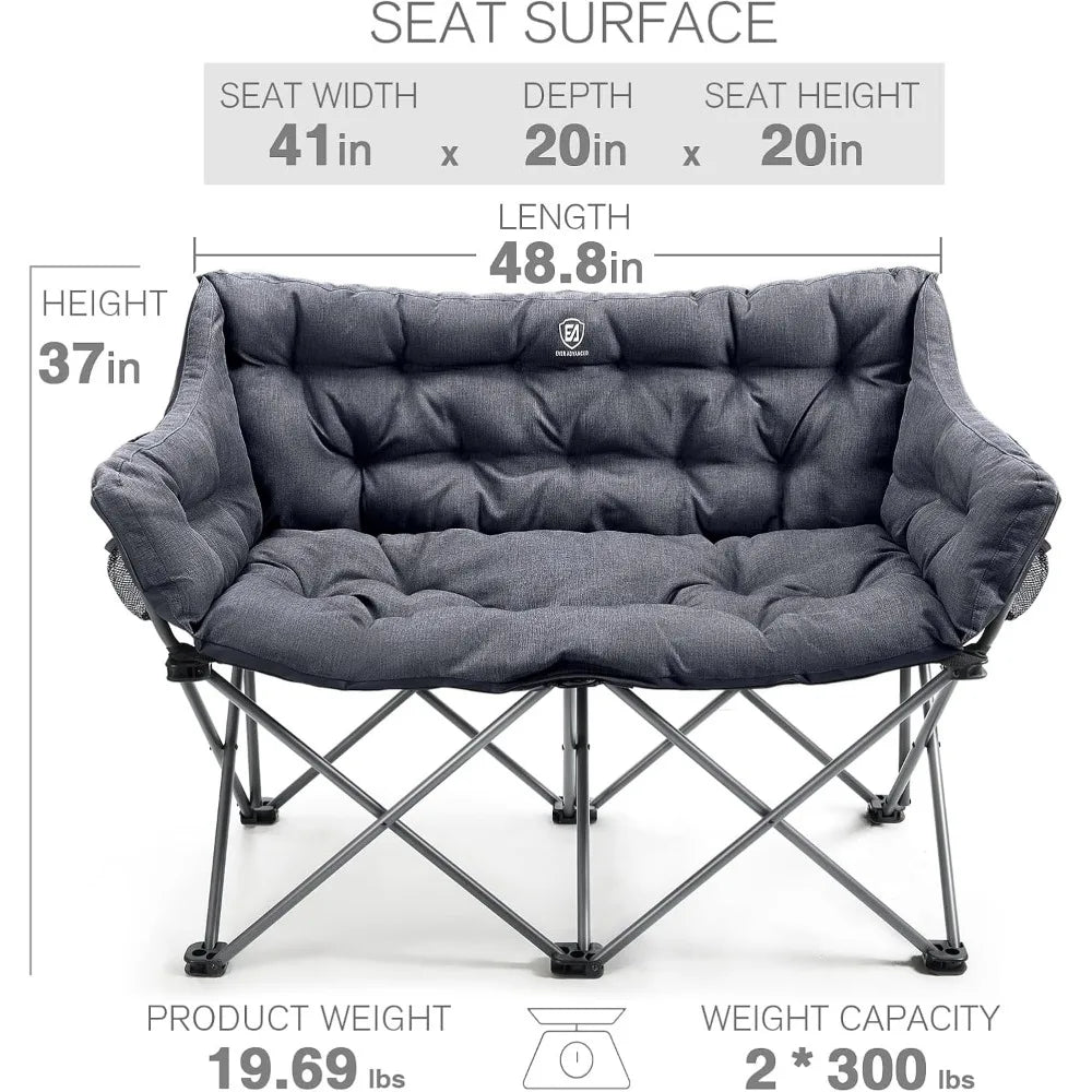 Double Camping Chair for Adults, Padded Folding Camping Love Seat Bench with Side Pocket Portable Camping Couch, Two Person Hea
