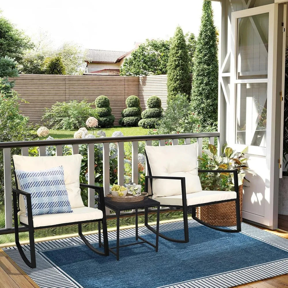 3 Piece Outdoor Rocking Bistro Set Black Wicker Furniture Porch Chairs Conversation Sets with Glass Coffee Table