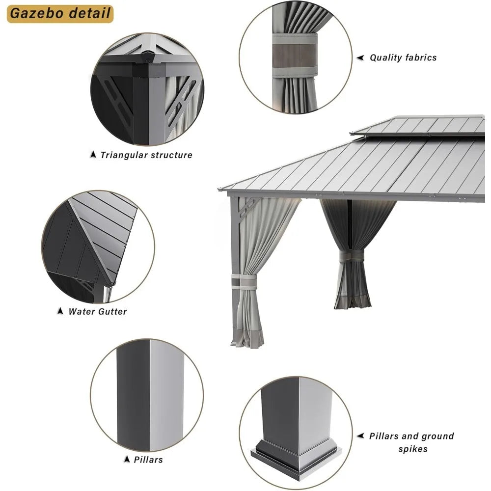 Hardtop Gazebo Outdoor Aluminum Frame Permanent Gazebo Galvanized Steel Double Roof Gazebos with Nettings and