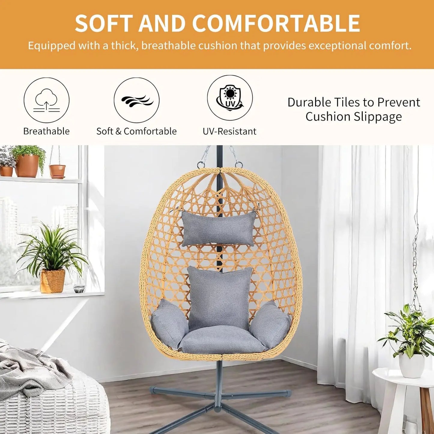 Hanging Egg Chair with Cushions – Comfortable Rattan Swing Chair with Stand Outdoor Lounge Chair,350LBS Capacity Indoor Outdoor