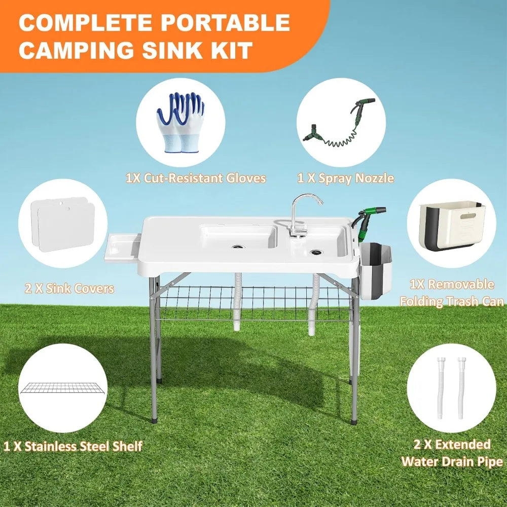 42.5" Fish Cleaning Table with Sink – Portable Outdoor Sink Station for Camping, Fishing, and Picnics Folding Camping Sink