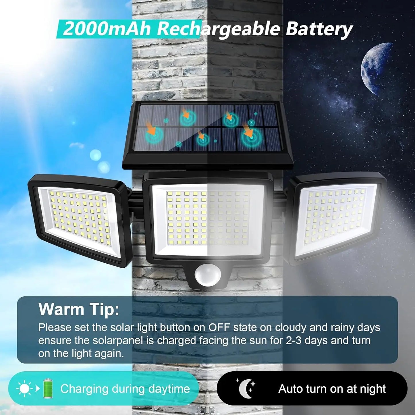 IP65Waterproof Triple Head Outdoor Solar Light, 210LED 2500LM Motion Sensor Safety Light for Porch, Garage, Yard Entrance, Patio