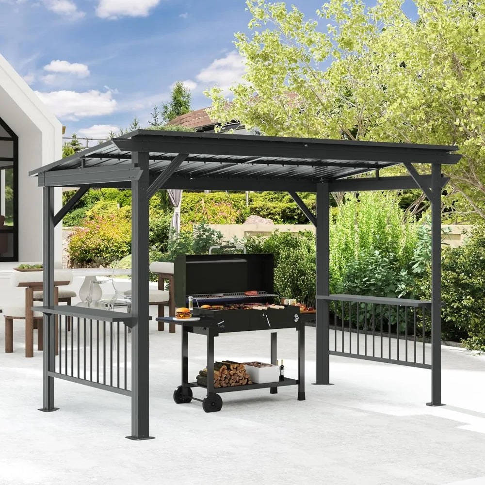 Domi 6.5x12FT Hardtop Grill Gazebo, Outdoor BBQ Gazebo with 2 Side Shelves, Sloping Steel Roof for Permanent Sun Shade with Ceil