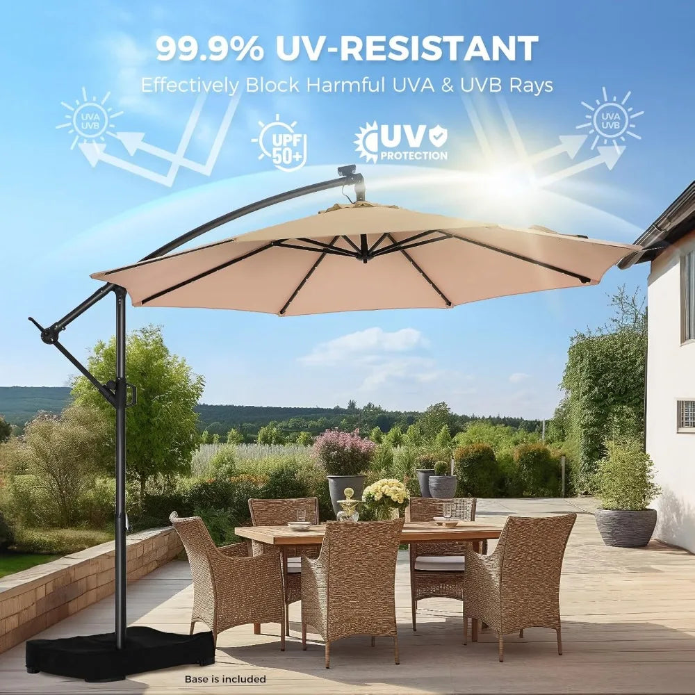 10ft Solar Lights Offset Cantilever Patio Umbrella- with Light and Base,LED Lighted Offset Hanging Patio Outdoor Market Umbrella