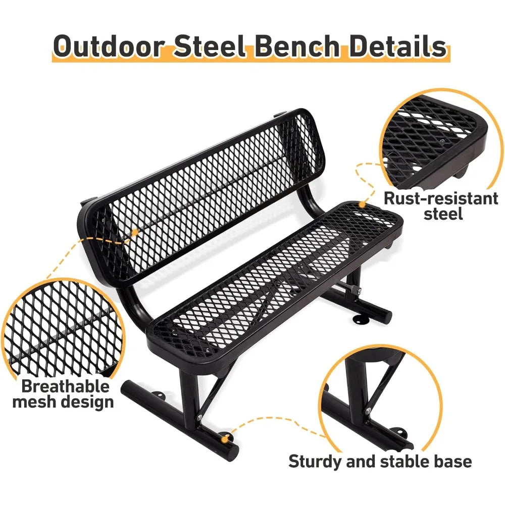 4FT Heavy Duty Park Bench with Back Portable Frame, Outdoor Metal Park Bench with Backrest, Steel Mesh Outdoor Bench for Garden,