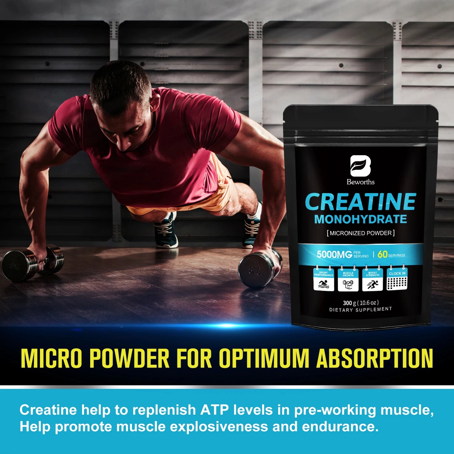 BEWORTHS 300g Creatine Monohydrate Fitness Supplements Build Muscles Muscle Endurance, Non-GMO, Gluten-Free