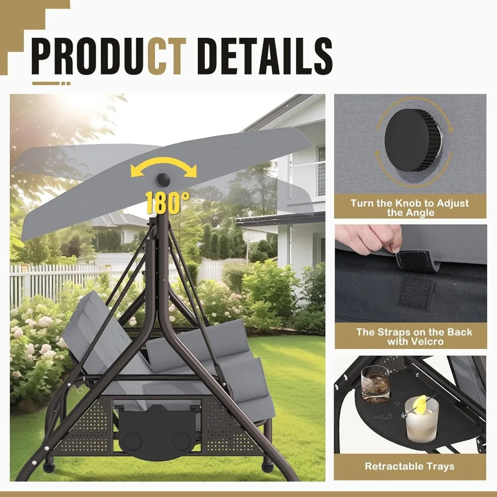 3-Seat Patio Swing Chair, Outdoor Porch Swing with Cushions,Pillows & Cup Holders, Adjustable Canopy Outside Bench Swing for Ba