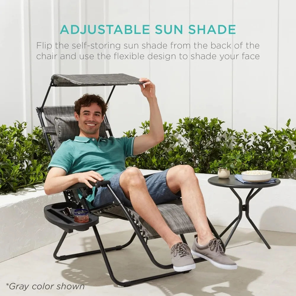 Folding Zero Gravity Outdoor Recliner Patio Lounge Chair w/Adjustable Canopy Shade, Headrest, Side Accessor
