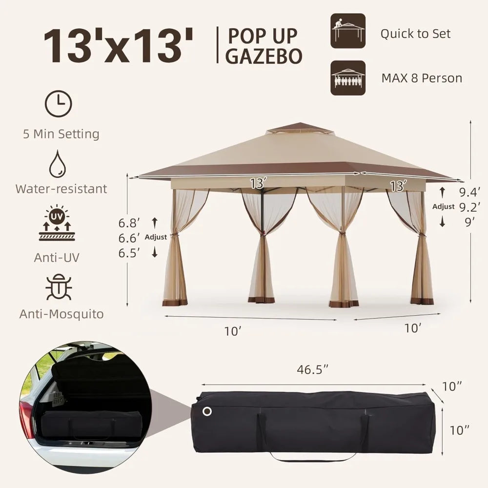 Bezeseller 13x13 Pop Up Gazebo Tent with Mosquito Netting – Quick Set Up, Water-Resistant Outdoor Canopy for Patio, Garden
