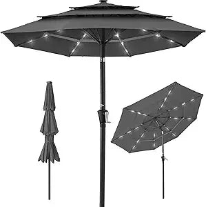 10ft 3-Tier Solar Patio Umbrella, Outdoor Market Sun Shade for Backyard, Deck, Poolside w/ 24 LED Lights, Tilt Adjustment, Easy