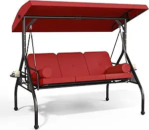 3-Seat Patio Swing Chair, Outdoor Porch Swing with Cushions,Pillows & Cup Holders, Adjustable Canopy Outside Bench Swing for Ba