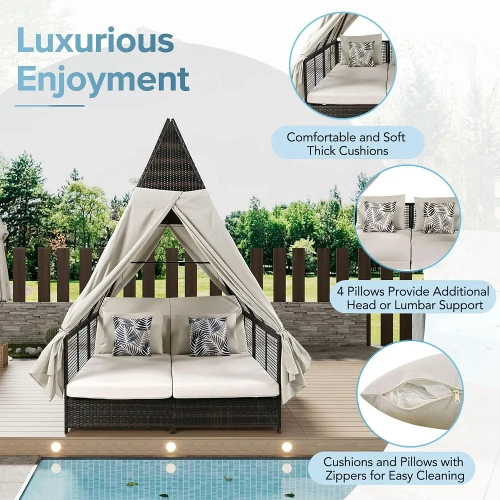 Outdoor Daybed, Outdoor Couch with 4 Pillows and Adjustable Backrest,with Curtains for Backyard, Garden, Roof Shape Outdoor Bed