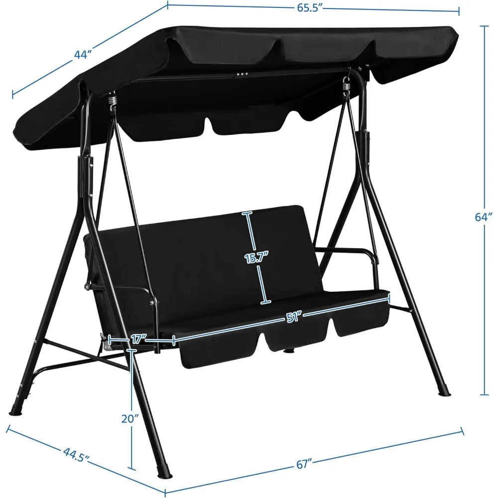 3-Seat Patio Swing Chair, Outdoor Canopy Swing with Adjustable Canopy & Removable Cushion, Hanging Lounge Chair for Patio