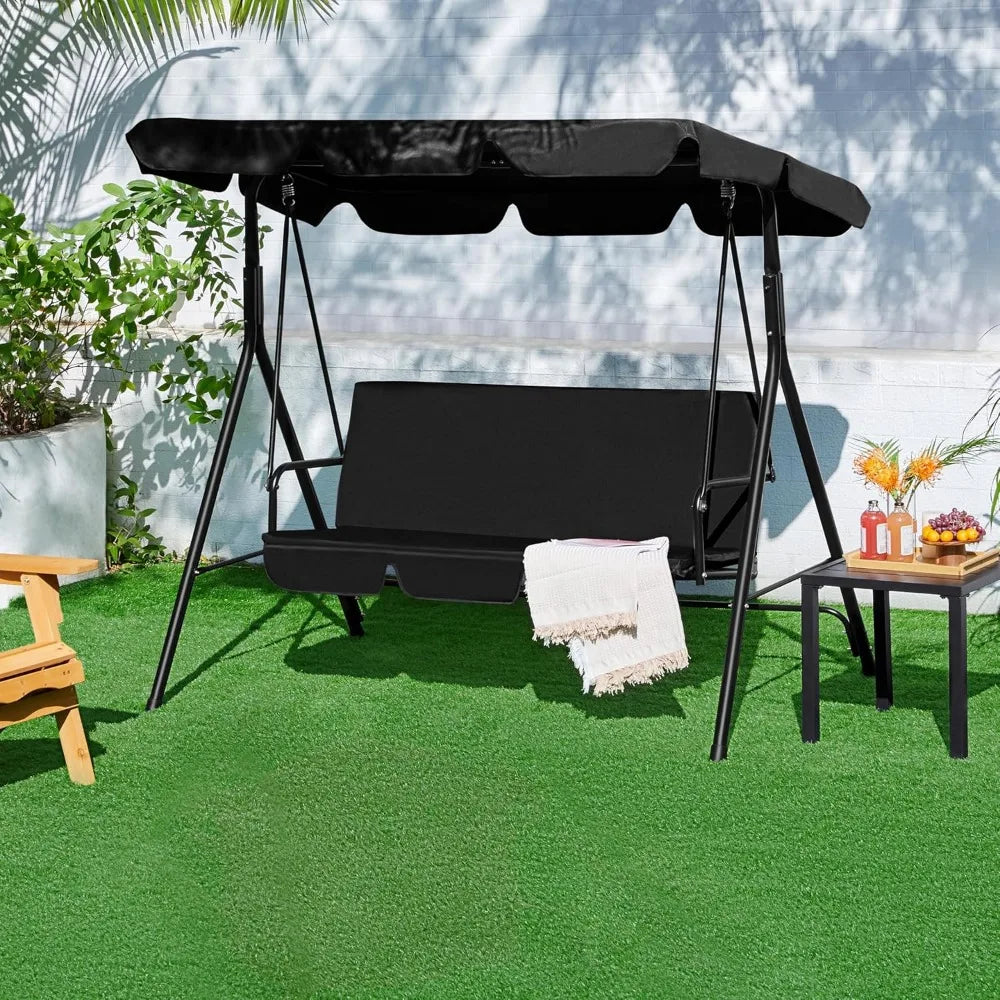 3-Seat Patio Swing Chair, Outdoor Canopy Swing with Adjustable Canopy & Removable Cushion, Hanging Lounge Chair for Patio