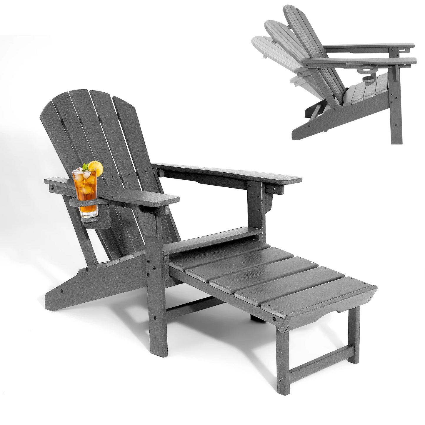 3 Level Adjustable Adirondack Chair with Retractable Ottoman, HDPE All-Weather Fire Pit Chair with Cup Holders, Outdoor Chair