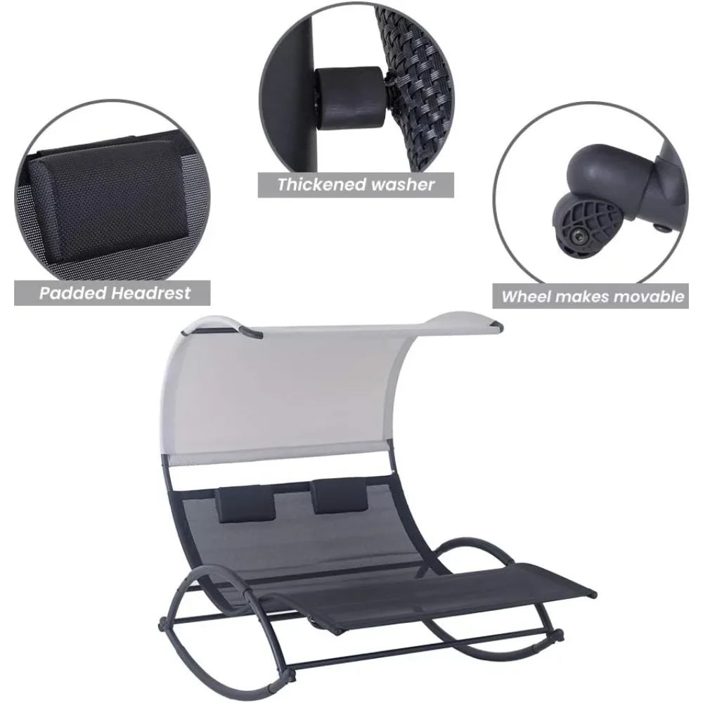 Outdoor Double Chaise Lounge Chair Swing Rocking Portable Hammock Bed Loveseat with Sun Shade & Wheels for Patio, Yard, Pool (B