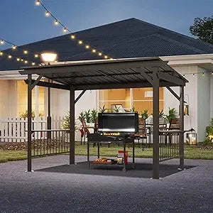 Domi 6.5x12FT Hardtop Grill Gazebo, Outdoor BBQ Gazebo with 2 Side Shelves, Sloping Steel Roof for Permanent Sun Shade with Ceil