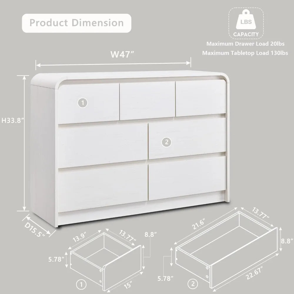 Modern 7 Drawers Dresser for Bedroom, 47" Wide Wood Dressers & Chests of Drawers w/Curved Profile Design, Mid Century Modern Dre