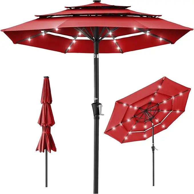10ft 3-Tier Solar Patio Umbrella, Outdoor Market Sun Shade for Backyard, Deck, Poolside w/ 24 LED Lights, Tilt Adjustment, Easy