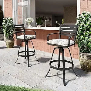 29.5" Sunbrella Outdoor Bar Stools Set of 2, Aluminum Swivel Patio Bar Height Bar Stools with Back & Footrest, Rust-Proof Tall