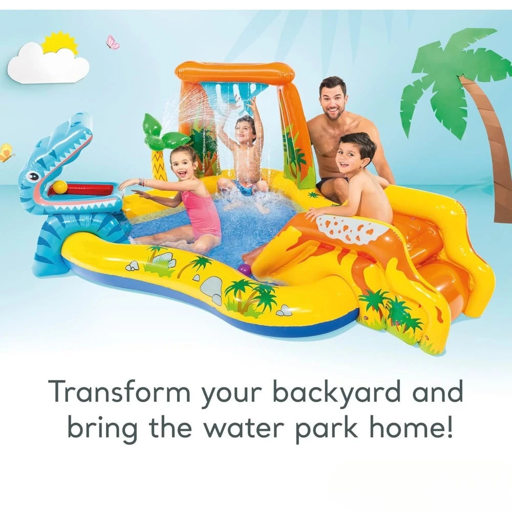 Inflatable Dinosaur Play Center Outdoor Playhouse Inflatable Water Park with Kid Pool Slide, Water Sprayer, Waterfall