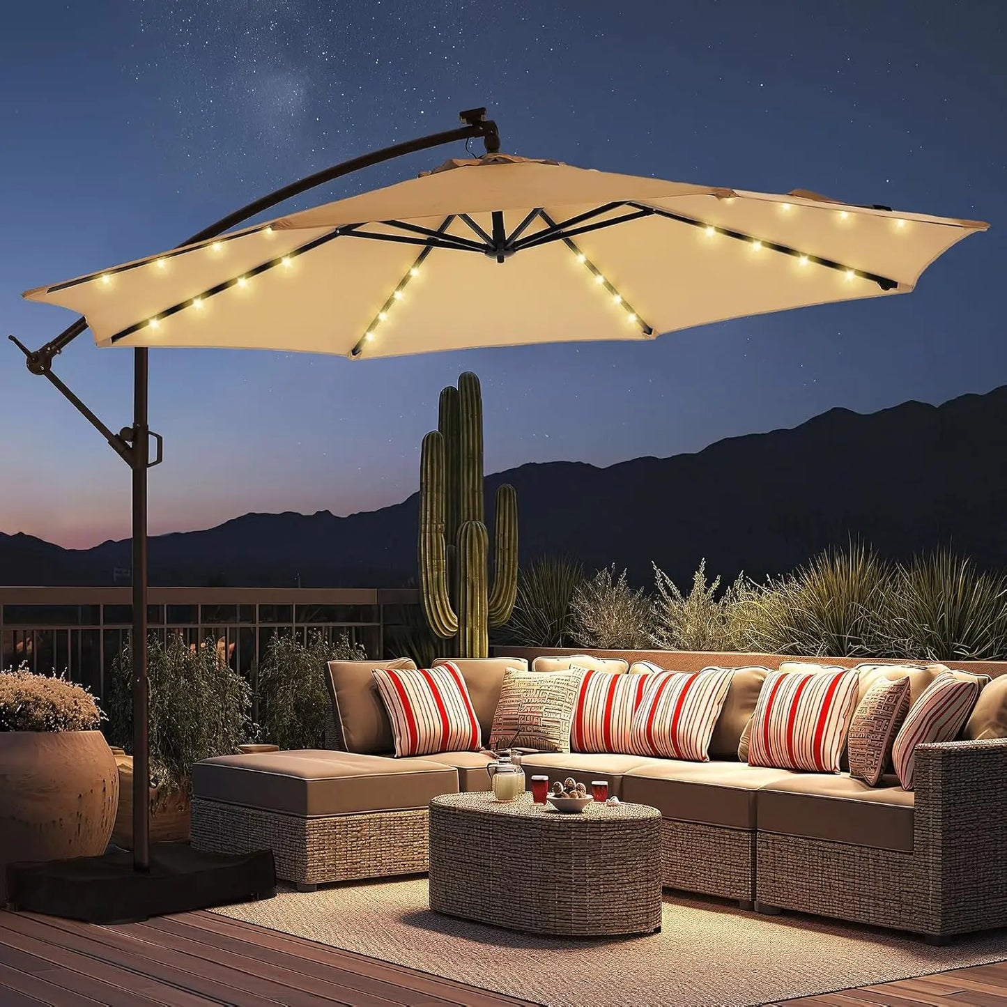 10ft Solar Lights Offset Cantilever Patio Umbrella- with Light and Base,LED Lighted Offset Hanging Patio Outdoor Market Umbrella