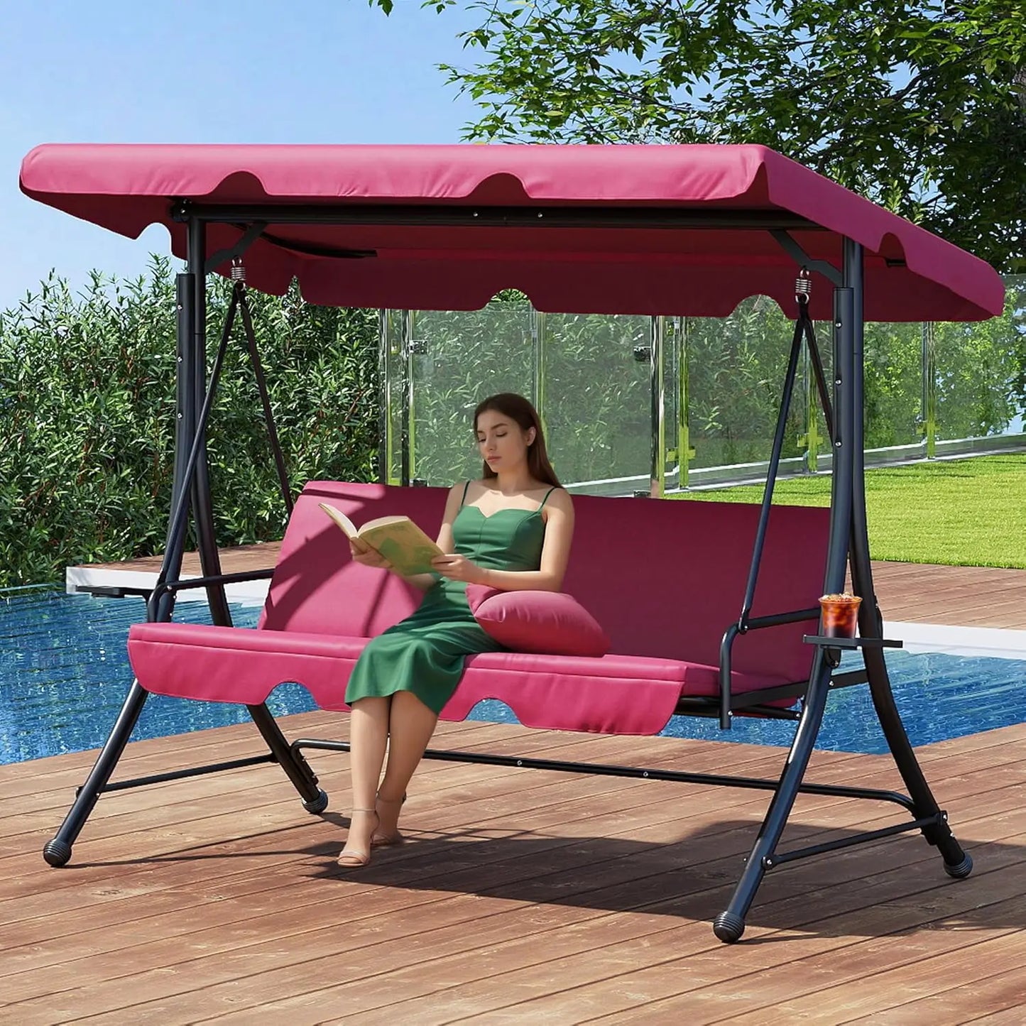 Swing with Canopy, Outdoor Porch Swing with Stand for Adults, Glider Swings for Outdoors with 2 Side Table