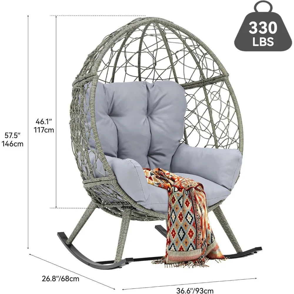 Outdoor Rocking Egg Chair with Cushioned Comfort, Wicker Patio Rocker 250lb Capacity, Anti-Slip, All-Weather Resilient