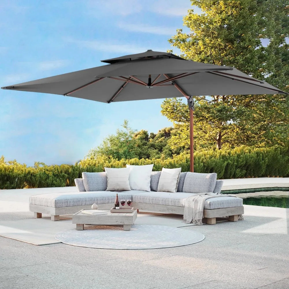 JZAC & QZYD 10 X 13 FT Cantilever Patio Umbrella Outdoor Large Double Top Deluxe Wood Grain Heavy Duty Rectangle Offset Umbrella