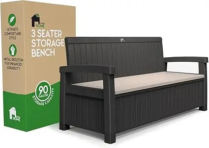 3 Seat Outdoor Storage Bench - 90 Gallon Capacity - Weatherproof Resin Bench for Patio, Porch, Garden, Yard, Pool Area - Furnit