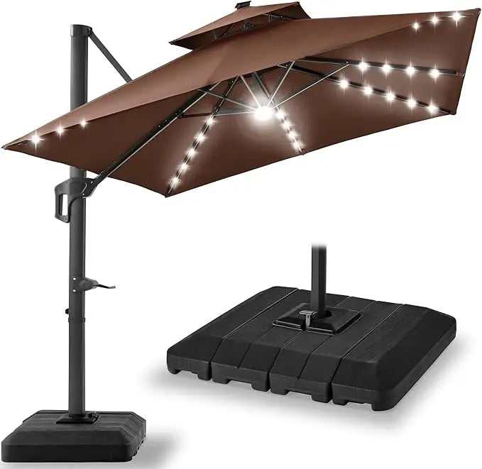 10x10ft Cantilever Patio Umbrella w/Base Included, Solar LED Lights 360 Rotation Large Offset Hanging Outdoor Shade for Deck Po
