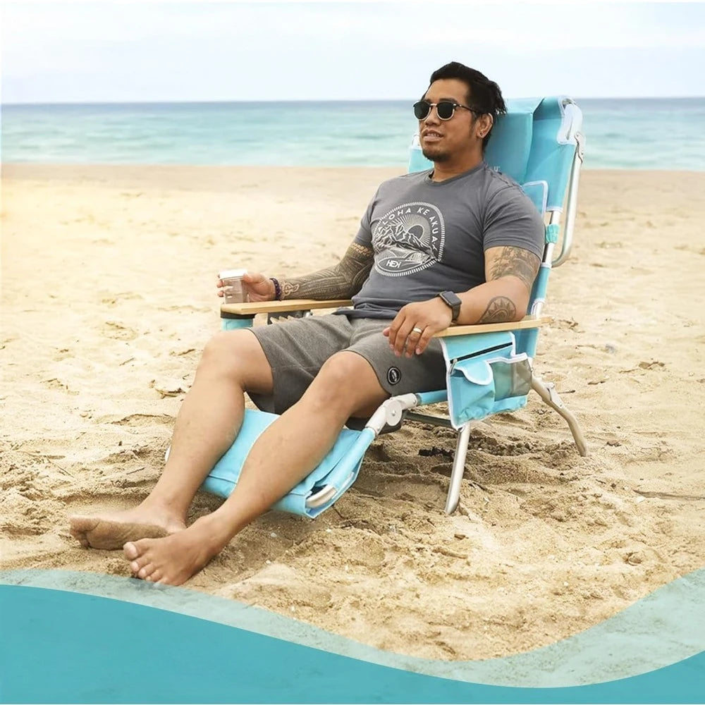 Deluxe Reclining Lounge Chair, 3 in 1 Folding Outdoor Beach Lounger, for Lawn, Pool, Patio, Aqua - Heavy-Duty Portable Chair