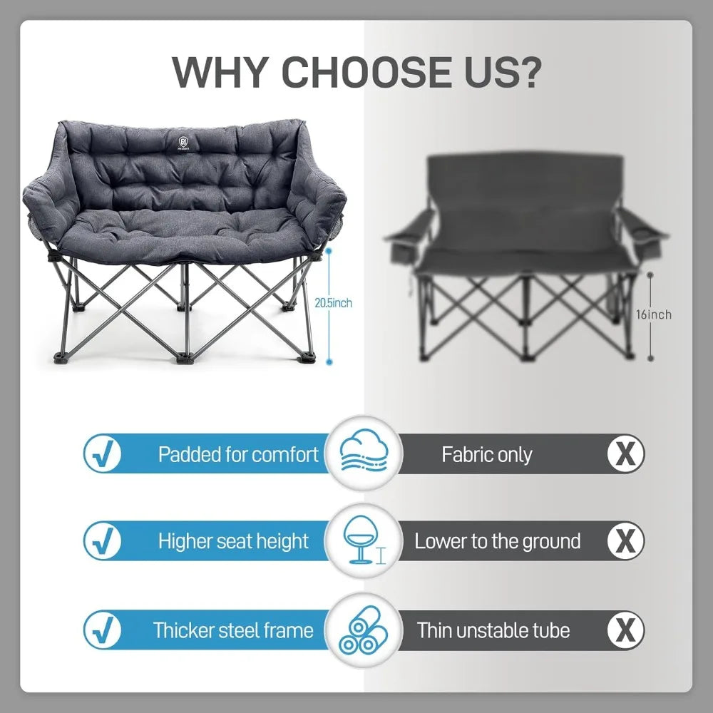 Double Camping Chair for Adults, Padded Folding Camping Love Seat Bench with Side Pocket Portable Camping Couch, Two Person Hea