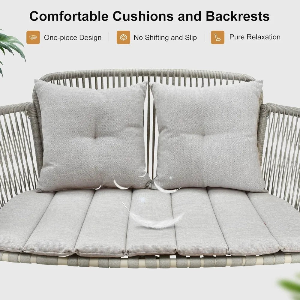 2-Seat Cloud Swing Chair with Stand Patio Wicker Bench Glider Loveseat Hanging Swinging for Indoor Outside Backyard Garden Outd