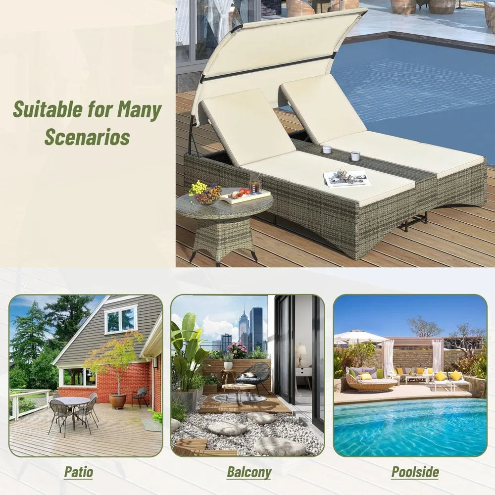 Outdoor Bed Patio Daybed with Shelter Roof, Outdoor Rattan Sun Lounger with Adjustable Backrest, Storage Box and 2 Cup Holders