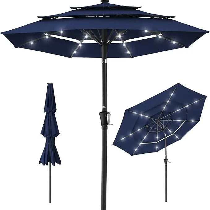10ft 3-Tier Solar Patio Umbrella, Outdoor Market Sun Shade for Backyard, Deck, Poolside w/ 24 LED Lights, Tilt Adjustment, Easy