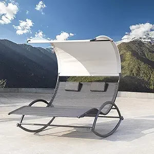 Outdoor Double Chaise Lounge Chair Swing Rocking Portable Hammock Bed Loveseat with Sun Shade & Wheels for Patio, Yard, Pool (B
