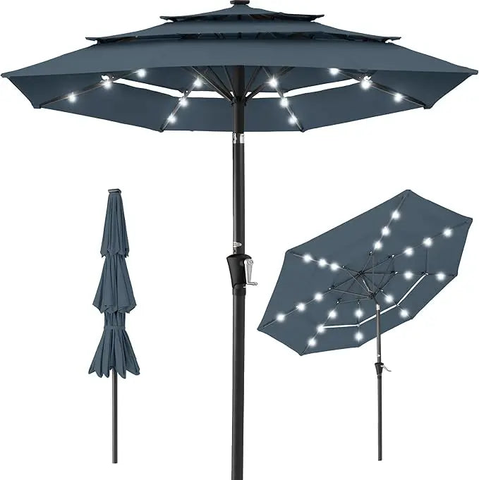 10ft 3-Tier Solar Patio Umbrella, Outdoor Market Sun Shade for Backyard, Deck, Poolside w/ 24 LED Lights, Tilt Adjustment, Easy