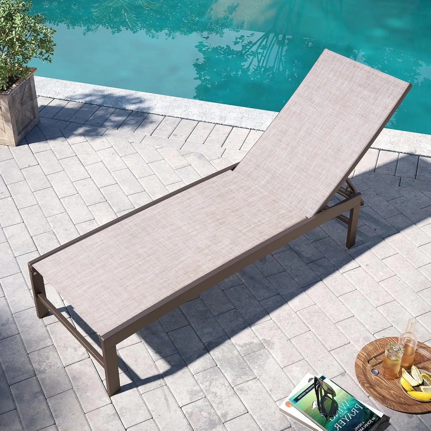 Outdoor Lounge Chair, Patio Aluminum Frame Chaise Lounge with Adjustable Backrest, Rustproof Pool Lounge Chairs for