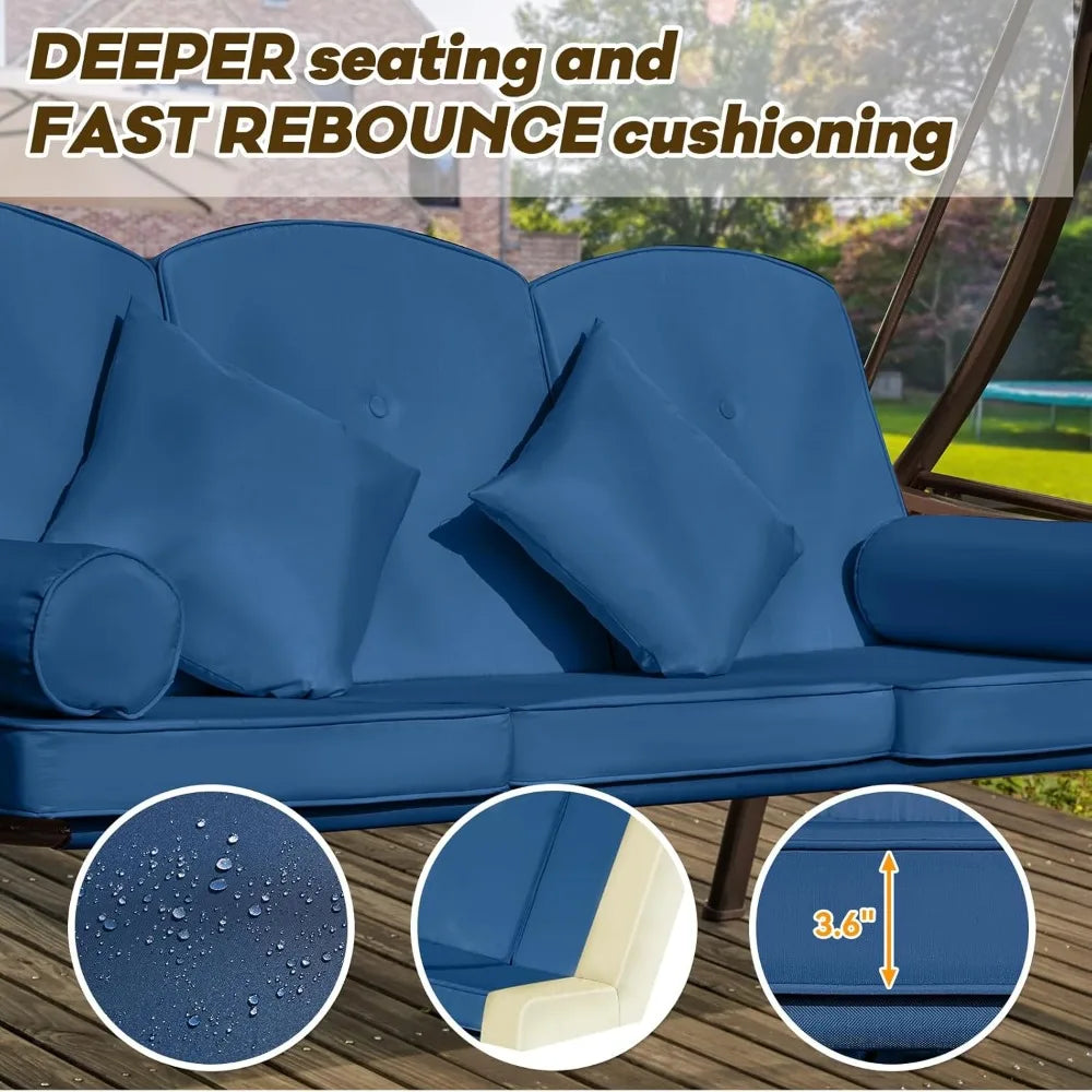 3 in 1 Outdoor Porch Swing with Adjustable Canopy, 3 Seat Outdoor Swing for Adults, Patio Swing Chair with Thickened Cushions,Pi