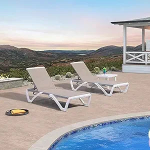 Patio Chaise Lounge Chair Set Outside Aluminum Plastic Stackable Tanning Chairs with Armrests and Side Table for Pool Sunbathin