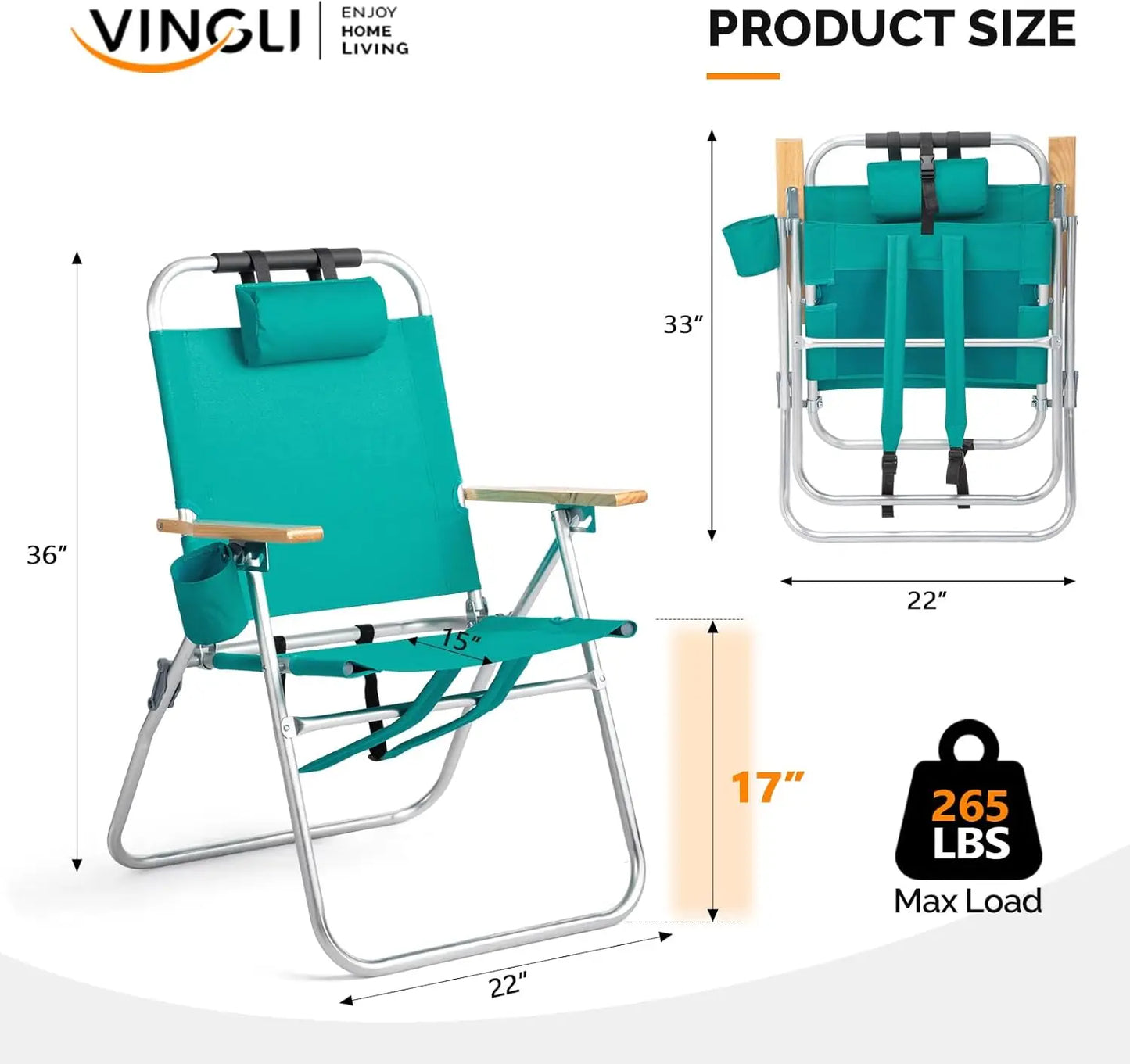 Aluminum Backpack Beach Chair – Tall Beach Chairs for Adults, Portable with Adjustable Straps, 3-Position Reclining, Cup Holder,