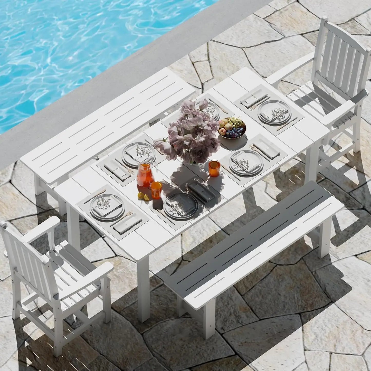 5-Piece HDPE Outdoor Dining Set with 2 Chairs and 2 Benches, Rectangular Patio Dining Furniture Set of 6, Modern Dining Table