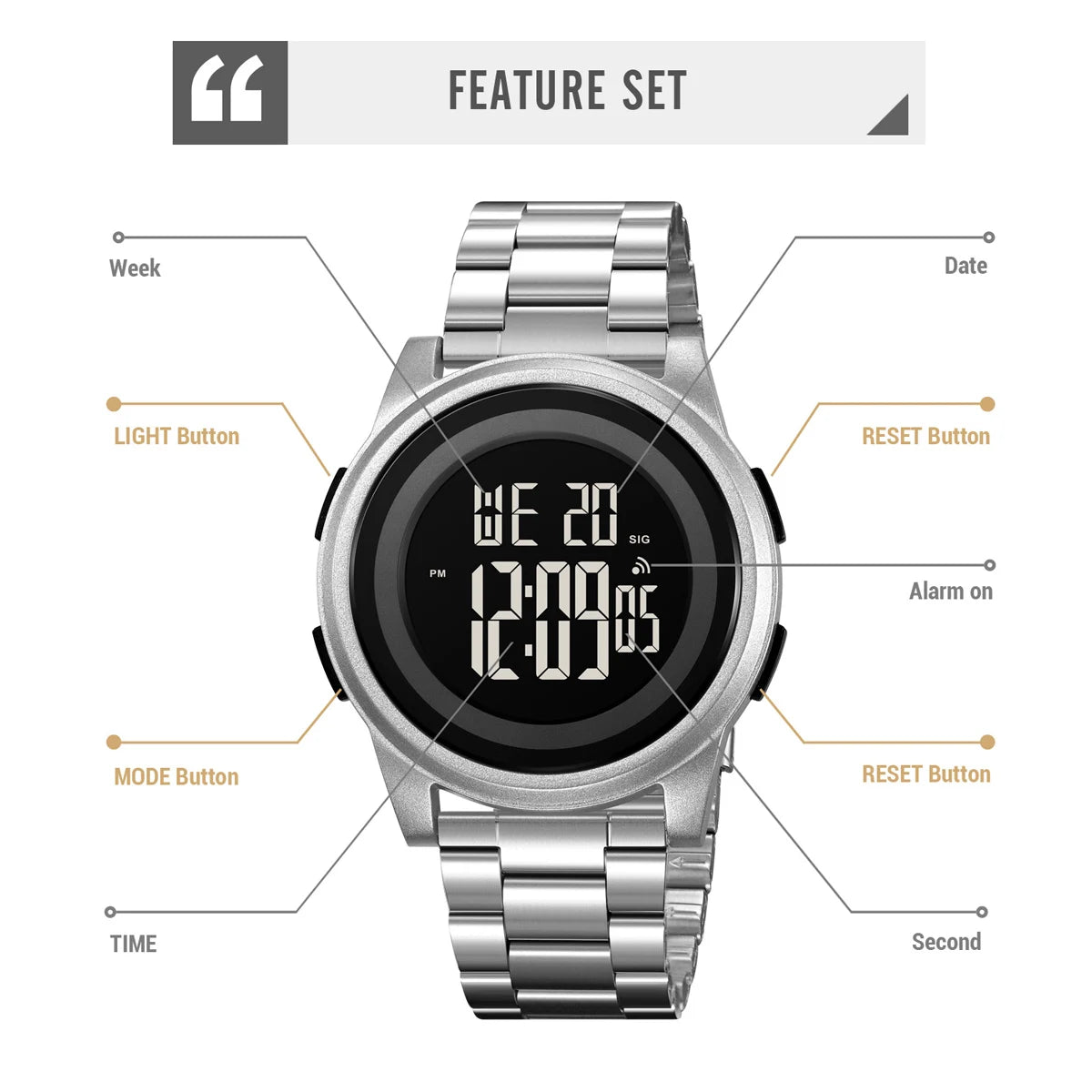 LED Digital Watches Men Sports 5Bar Waterpoof Alarm Clock Alloy Case Electronic Wrist Watches Stainless Steel Watch