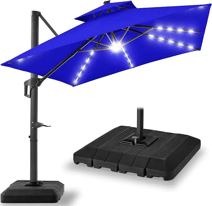 10x10ft Cantilever Patio Umbrella w/Base Included, Solar LED Lights 360 Rotation Large Offset Hanging Outdoor Shade for Deck Po